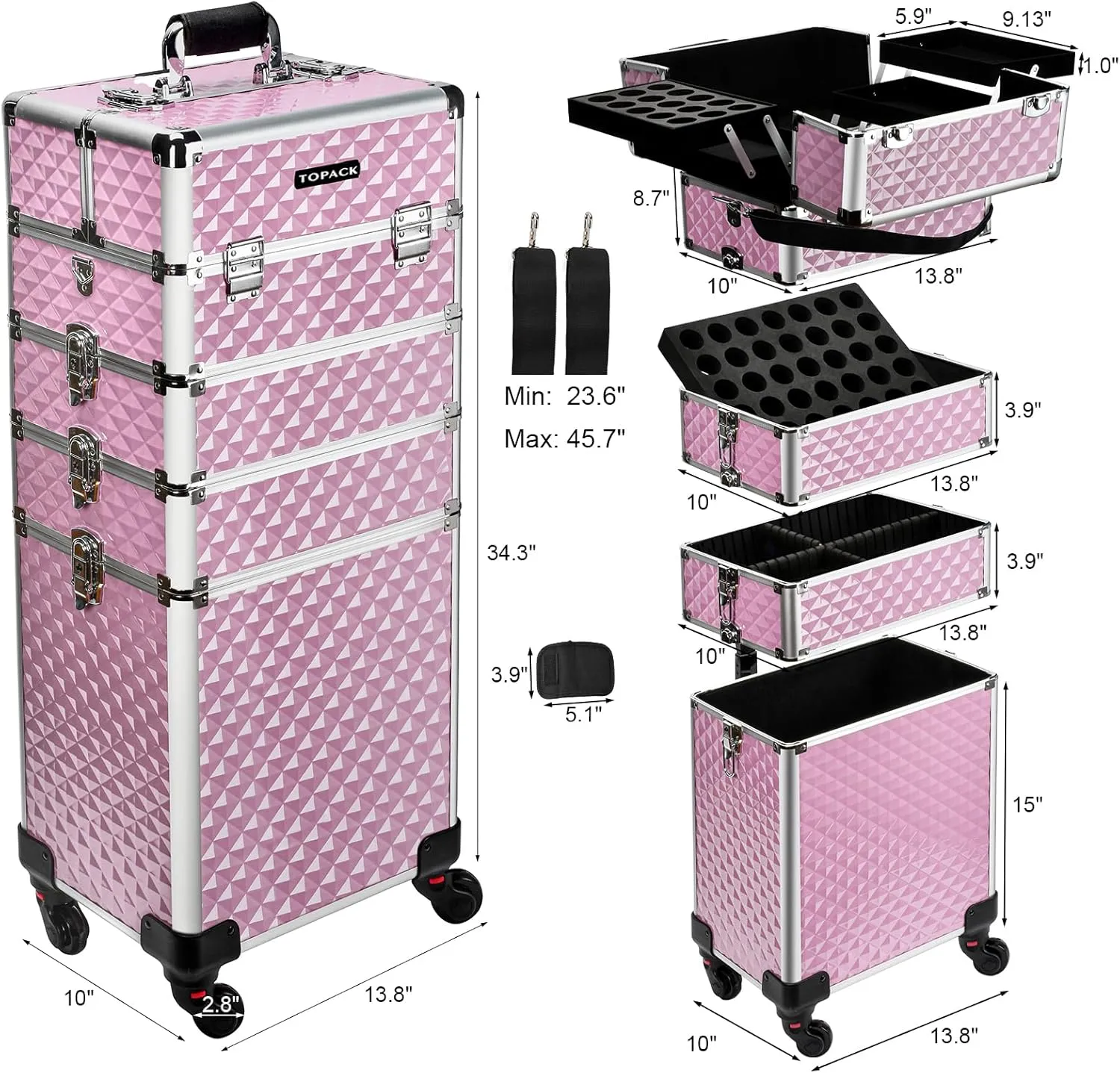 TOPACK Professional 5-In-1 Rolling Makeup Train Case, Large Makeup Travel Case with Key Shoulder Strap/Handle Cushion I Makeup Train Case Organizer I Cosmetology Case on Wheels I Pink