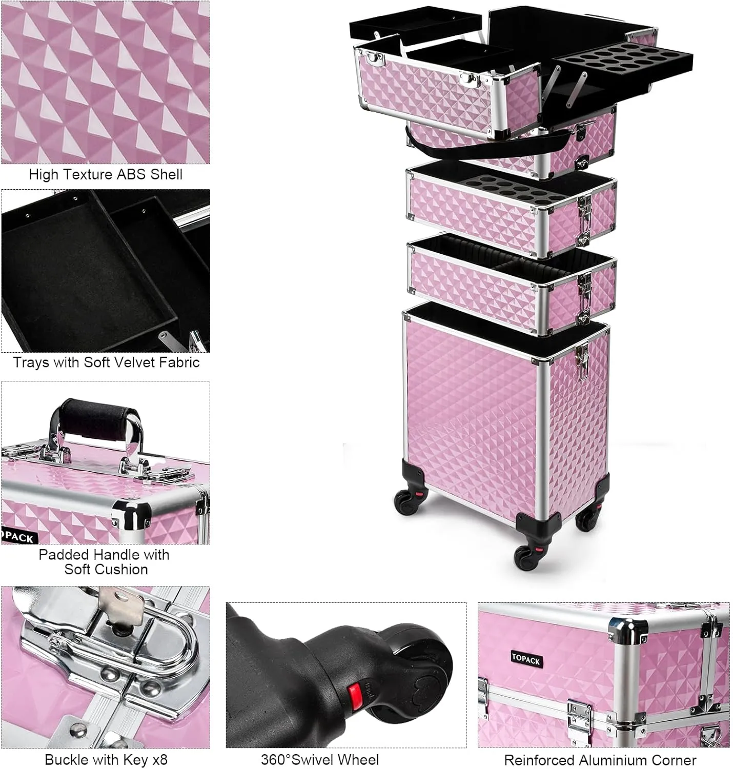 TOPACK Professional 5-In-1 Rolling Makeup Train Case, Large Makeup Travel Case with Key Shoulder Strap/Handle Cushion I Makeup Train Case Organizer I Cosmetology Case on Wheels I Pink