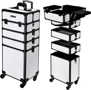 TOPACK Professional 5-In-1 Rolling Makeup Train Case, Large Makeup Travel Case with Key Shoulder Strap/Handle Cushion，Makeup Train Case Organizer，Cosmetology Case on Wheels I White