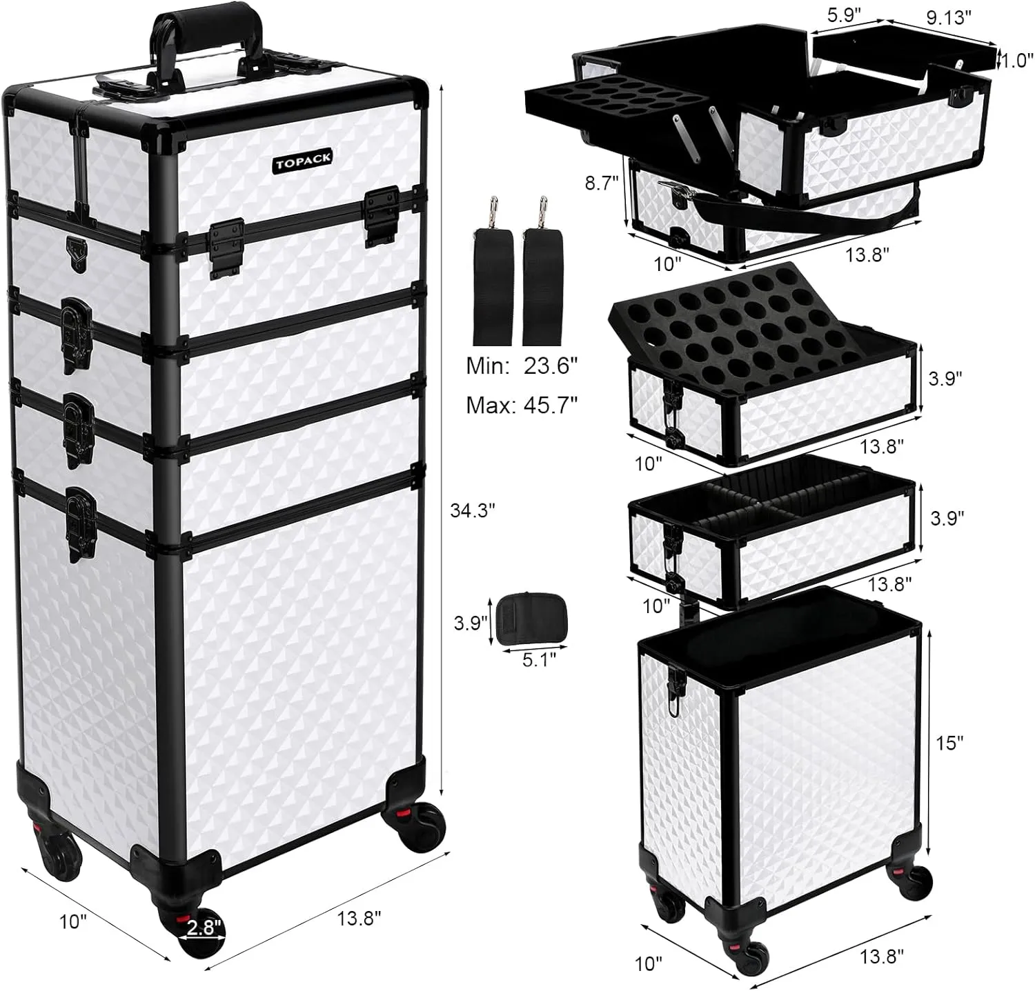 TOPACK Professional 5-In-1 Rolling Makeup Train Case, Large Makeup Travel Case with Key Shoulder Strap/Handle Cushion，Makeup Train Case Organizer，Cosmetology Case on Wheels I White
