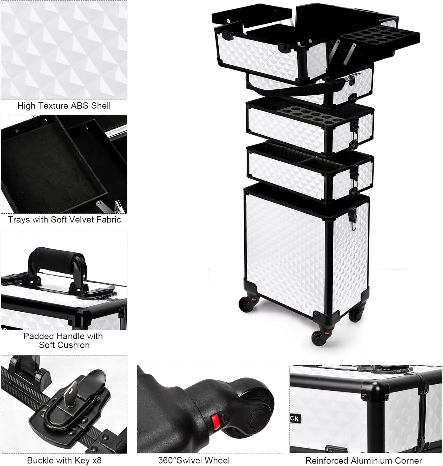 TOPACK Professional 5-In-1 Rolling Makeup Train Case, Large Makeup Travel Case with Key Shoulder Strap/Handle Cushion，Makeup Train Case Organizer，Cosmetology Case on Wheels I White