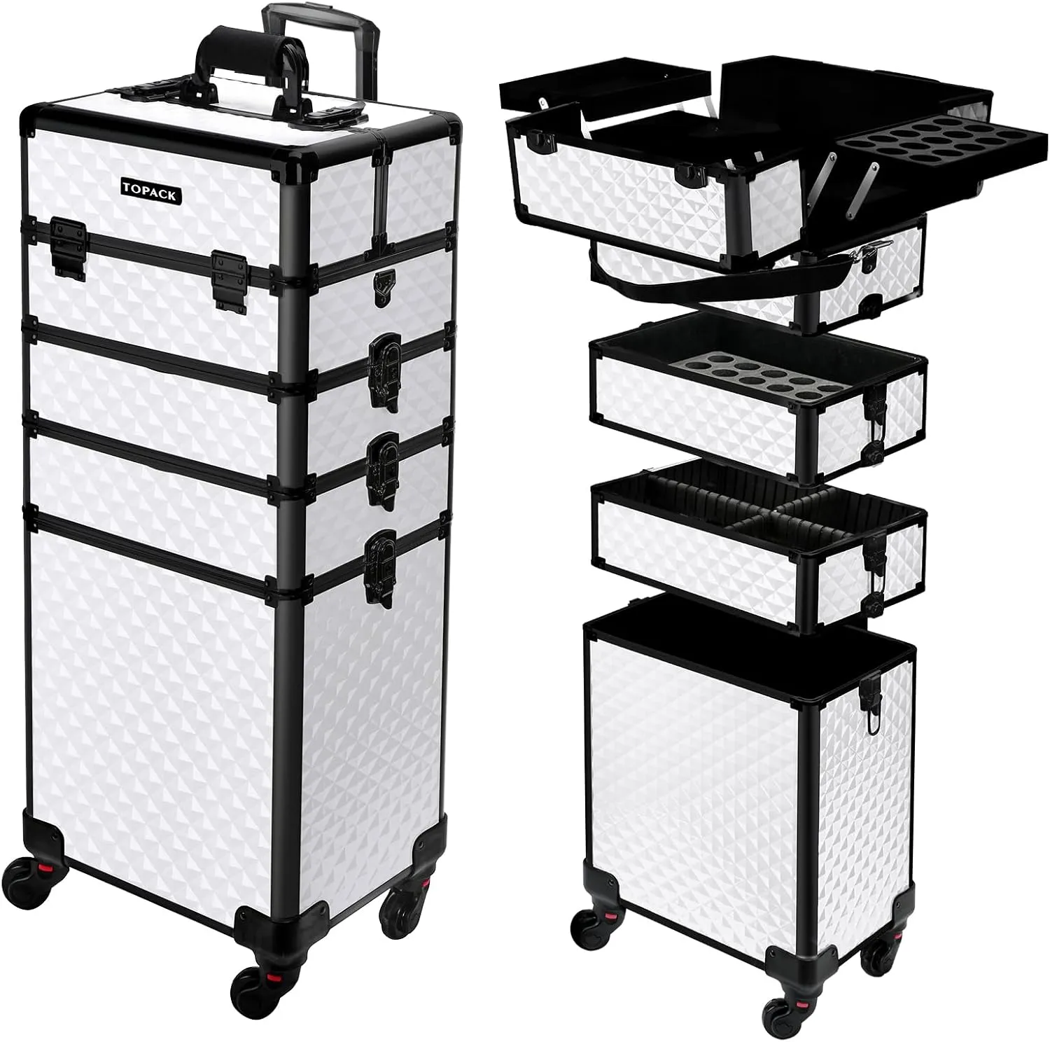 TOPACK Professional 5-In-1 Rolling Makeup Train Case, Large Makeup Travel Case with Key Shoulder Strap/Handle Cushion，Makeup Train Case Organizer，Cosmetology Case on Wheels I White