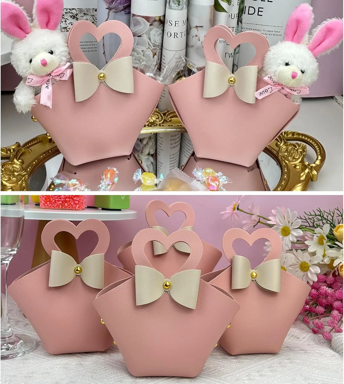 Topoloar 10 pack Pink Mini PU Leather Candy Gift Bags with Handle Reusable Small Handbag Birthday Party Favor Box for Wedding Bridal Shower Baptism Baby Shower