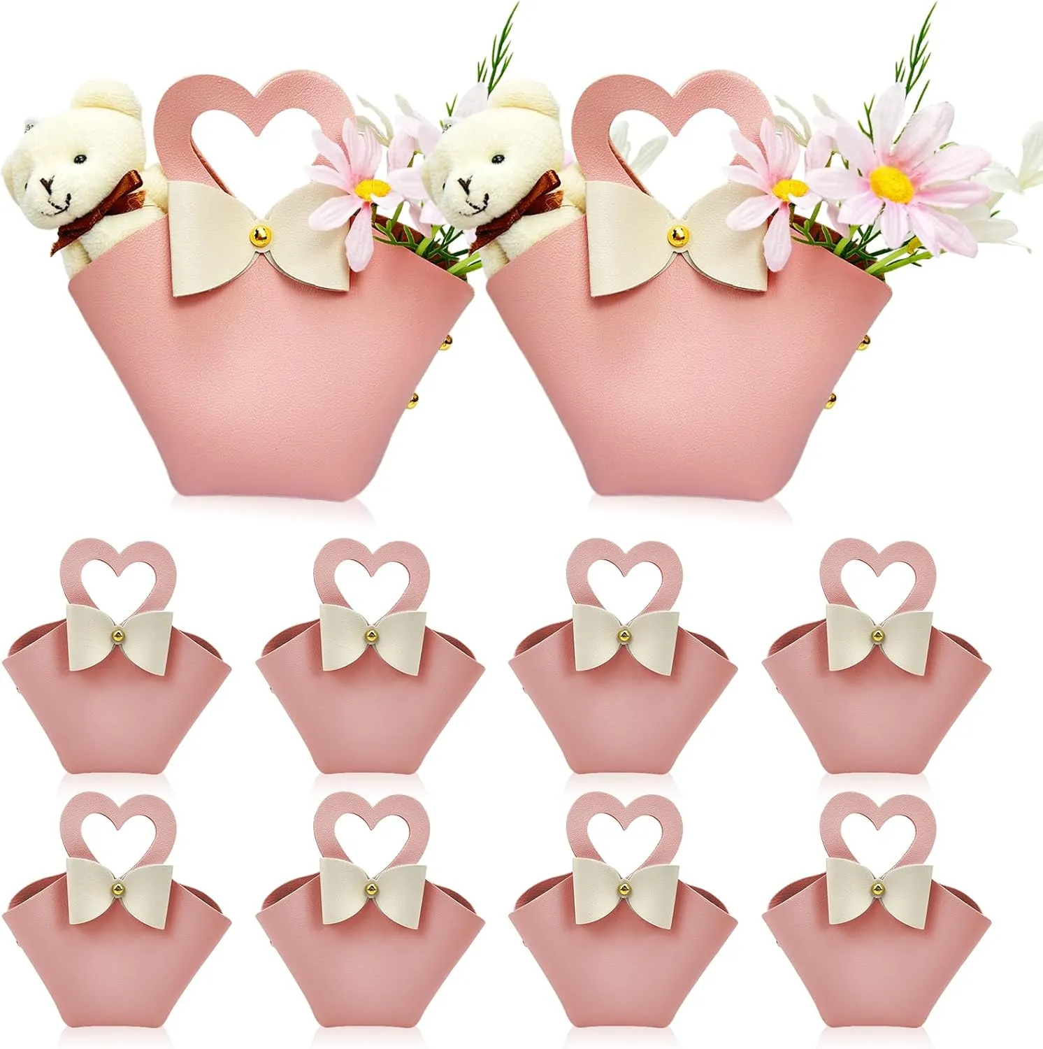 Topoloar 10 pack Pink Mini PU Leather Candy Gift Bags with Handle Reusable Small Handbag Birthday Party Favor Box for Wedding Bridal Shower Baptism Baby Shower
