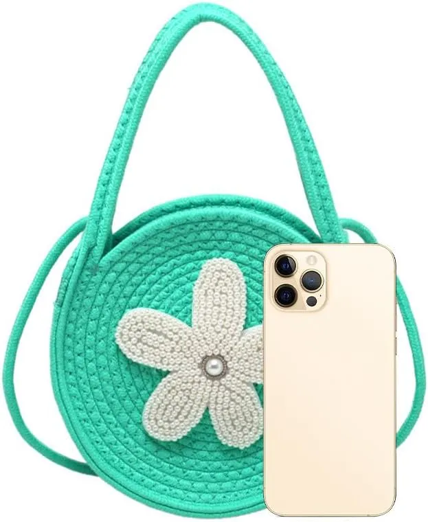 Tote Bag for Women Cotton Purses and Handbags Hand-Woven Top Handle Satchel Bag Flower Crossbody Shoulder Handbag Green
