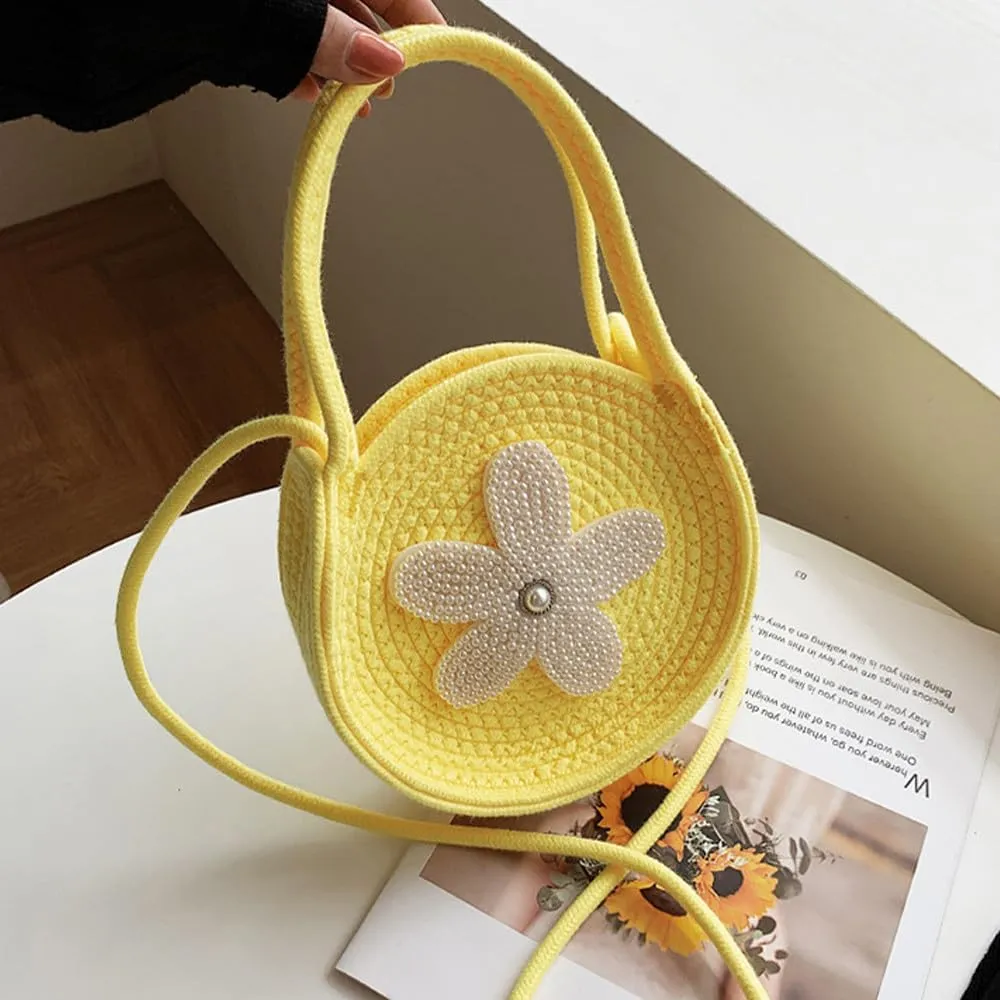 Tote Bag for Women Cotton Purses and Handbags Hand-Woven Top Handle Satchel Bag Flower Crossbody Shoulder Handbag Yellow