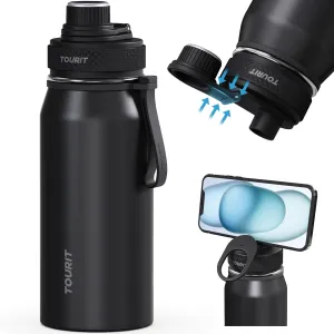 TOURIT 32oz Stainless Steel Wide Mouth Water Bottle, Double-Wall Vacuum Insulation with Spout Lid for Sports and Travel, Black