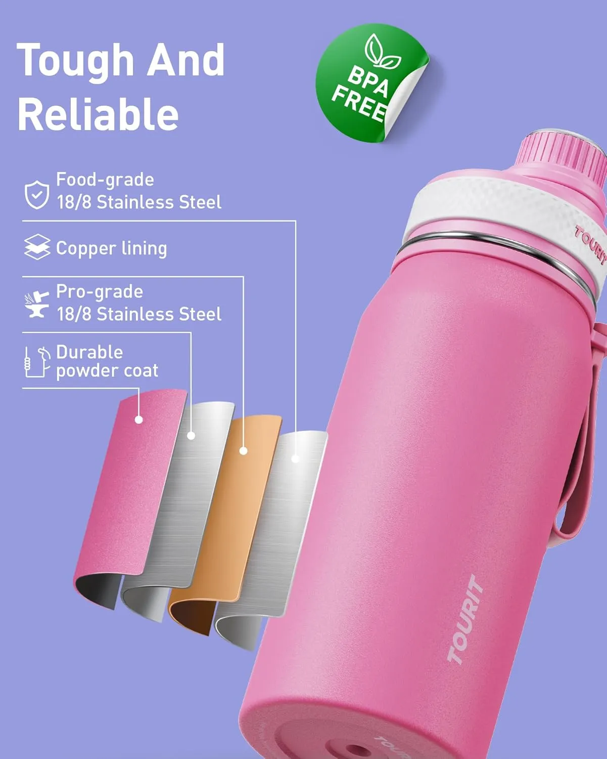 TOURIT 32oz Stainless Steel Wide Mouth Water Bottle, Double-Wall Vacuum Insulation with Spout Lid for Sports and Travel, White