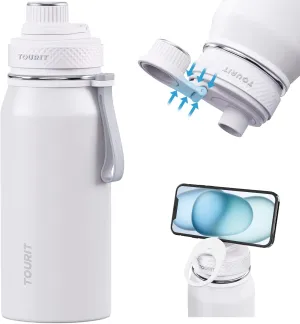 TOURIT 32oz Stainless Steel Wide Mouth Water Bottle, Double-Wall Vacuum Insulation with Spout Lid for Sports and Travel, White