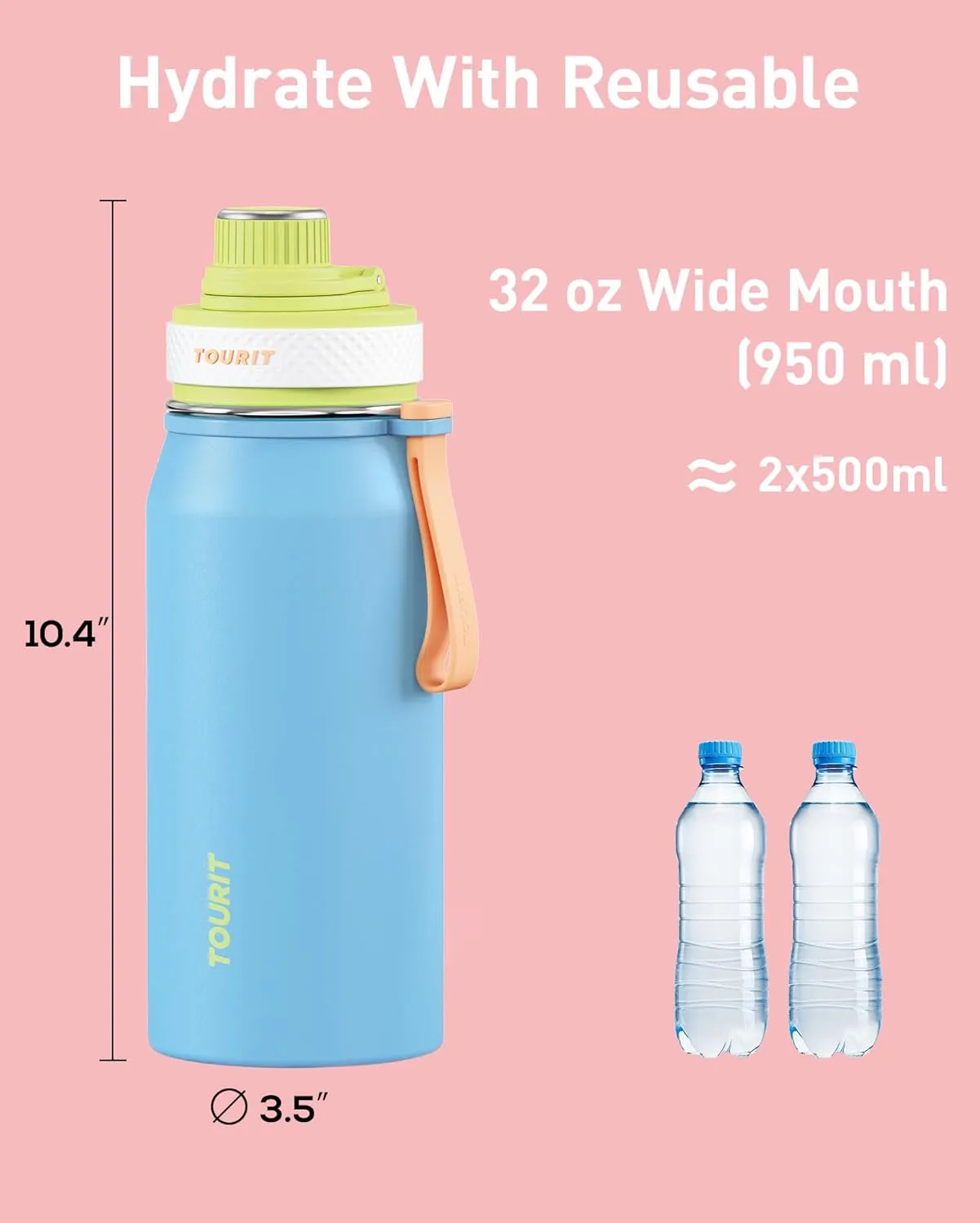 TOURIT 32oz Stainless Steel Wide Mouth Water Bottle, Double-Wall Vacuum Insulation with Spout Lid for Sports and Travel, White