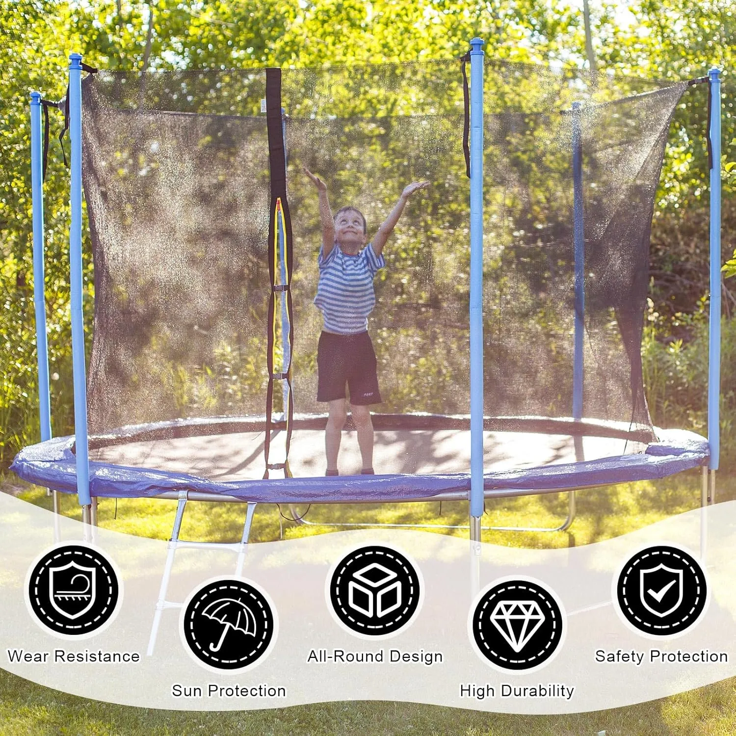 Trampoline Net Replacement Trampoline Safety Round Frame Enclosure Weather Resistant Breathable Net with Double Headed Zippers