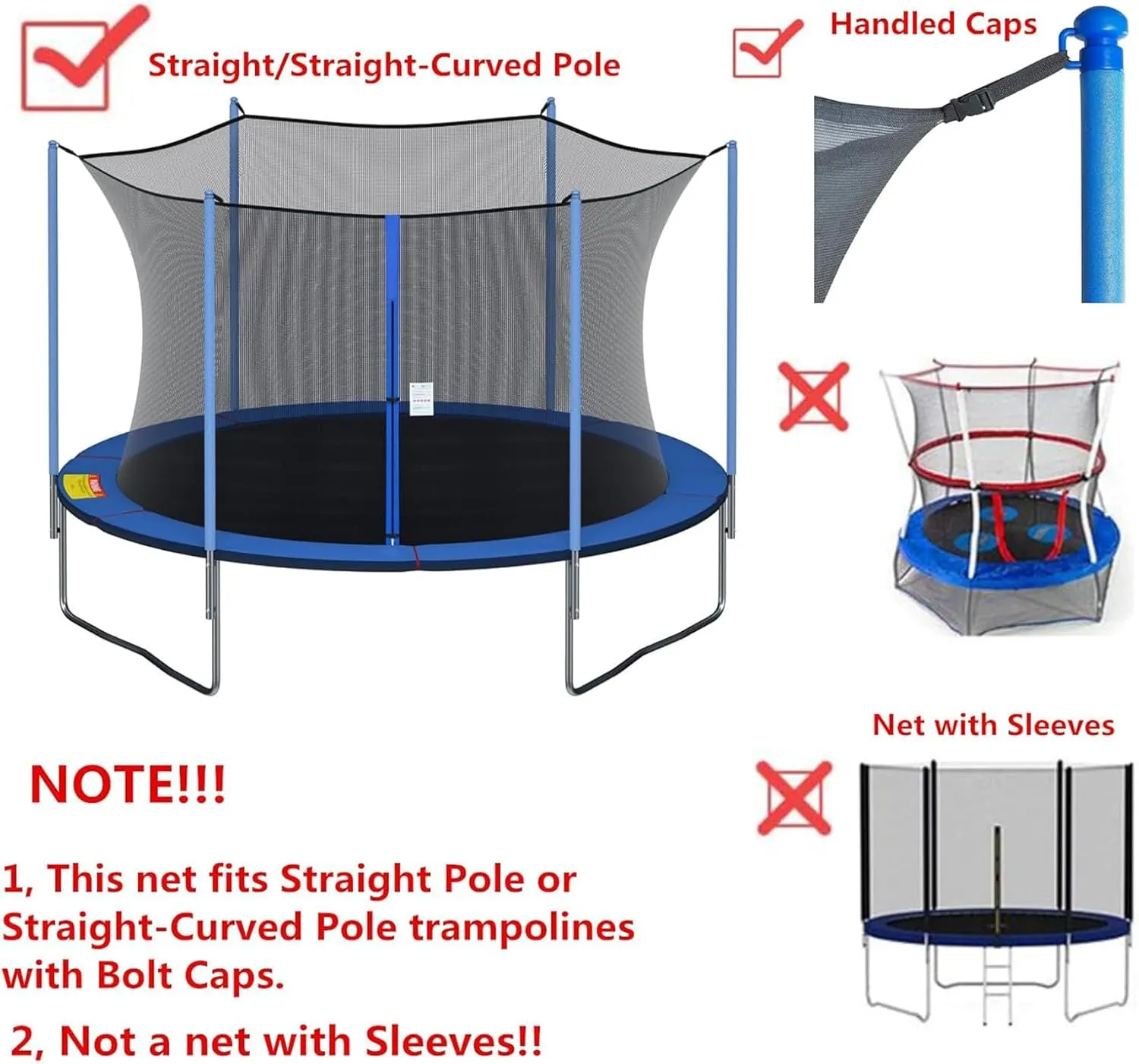 Trampoline Safety Net Replacement, 14FT Round Trampoline Accessories with Zippers and Buckles, UV Resistant Tear Resistant Trampoline Enclosure Surround Netting, Net Only