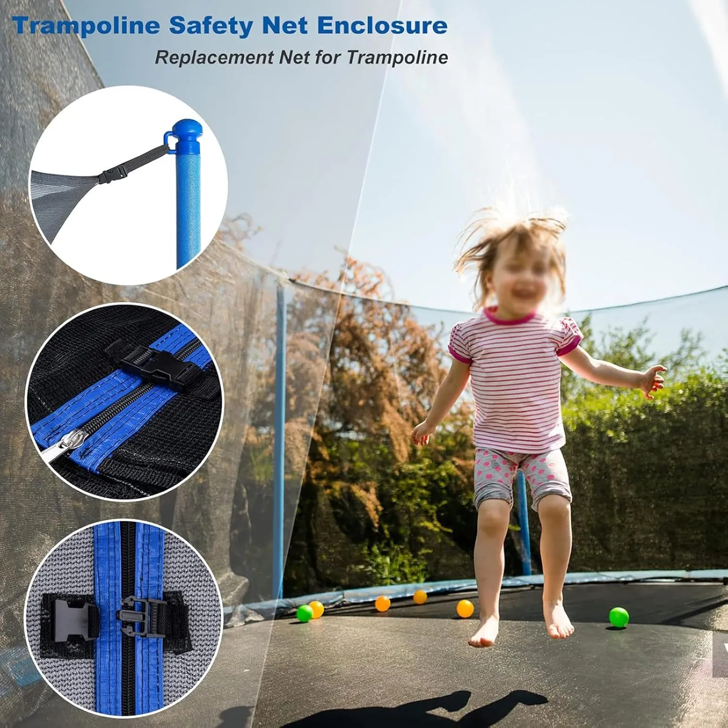 Trampoline Safety Net Replacement, 14FT Round Trampoline Accessories with Zippers and Buckles, UV Resistant Tear Resistant Trampoline Enclosure Surround Netting, Net Only