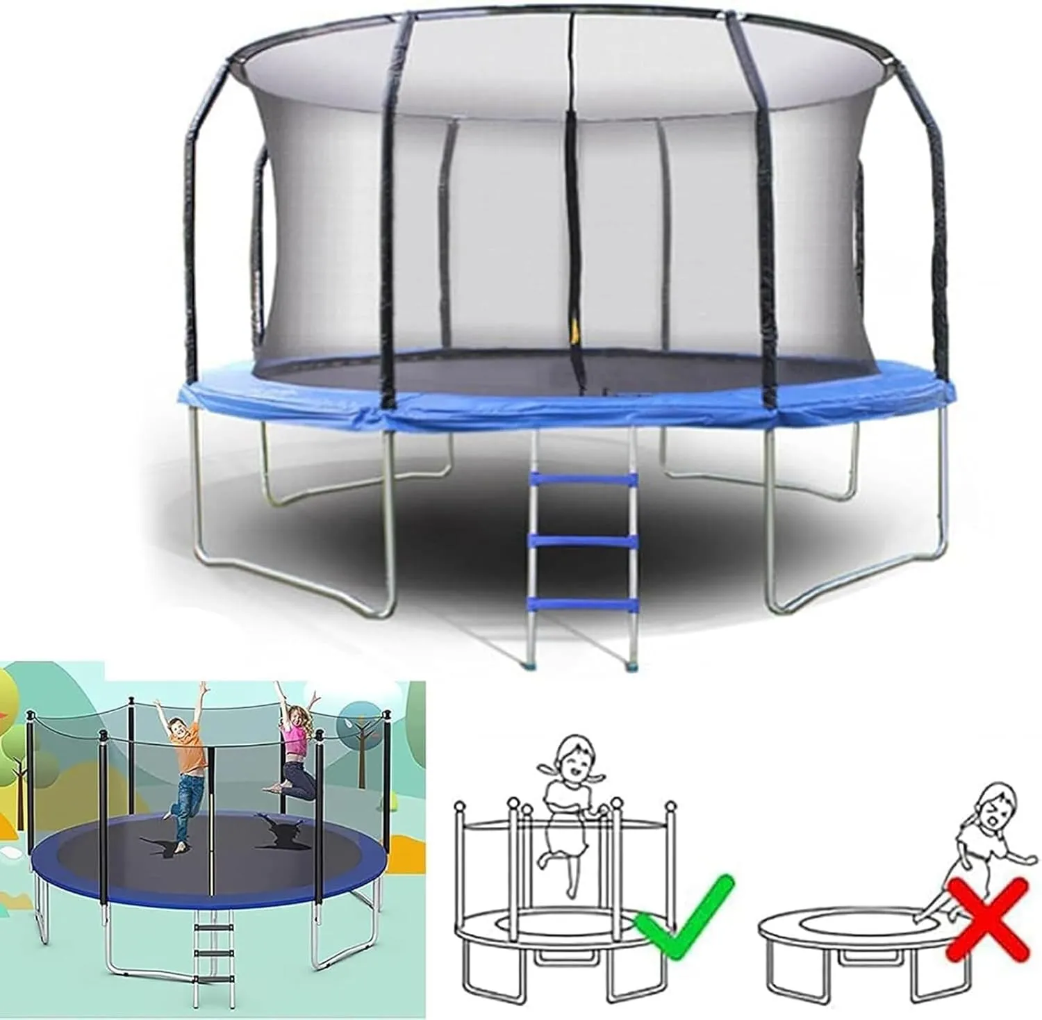 Trampoline Safety Net Replacement, Trampoline Enclosure Surround Netting with Zippers and Buckles, Tear Resistant UV Resistant Round Frames Trampolines Accessories