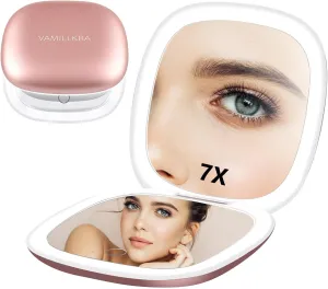 Travel Mirror with Light, 1X/7X Magnifying Mirror, 4 Inch LED Lighted Rechargeable Compact Makeup Mirror, 3 Colors Dimmable Light Up Portable Pocket Mirror for Handbag (Rose Gold 7X)