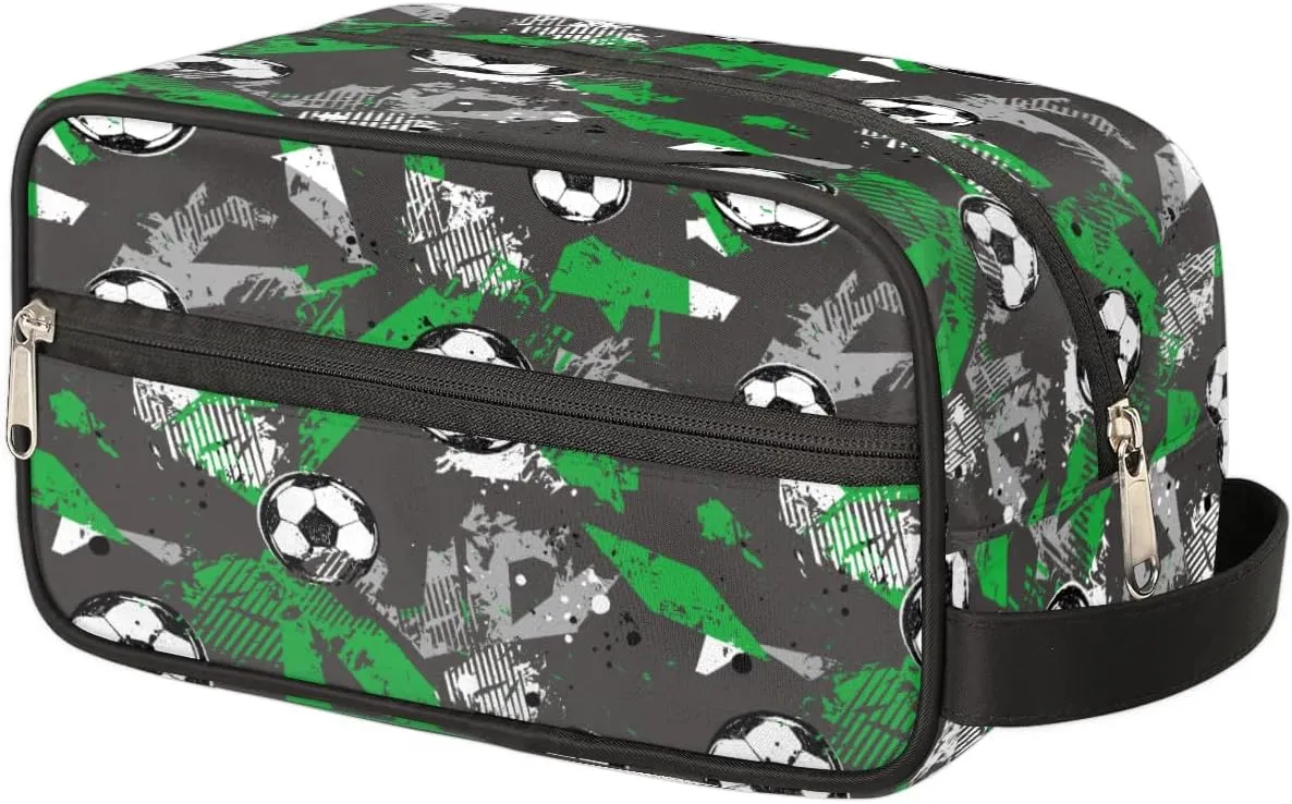 Travel Toiletry Bag for Boys Men, Soccer Green Waterproof Hanging Dopp Kit for Kids, Shaving Bag with Large Capacity for Travel,Sports Shower