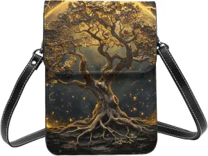 Tree Of Life Myth Black Gold Beautiful Crossbody Cell Phone Purse For Women Teen Girls Leather Small Crossbody Bag Mini Phone Pouch Purse, 7.5x5.3 Inches