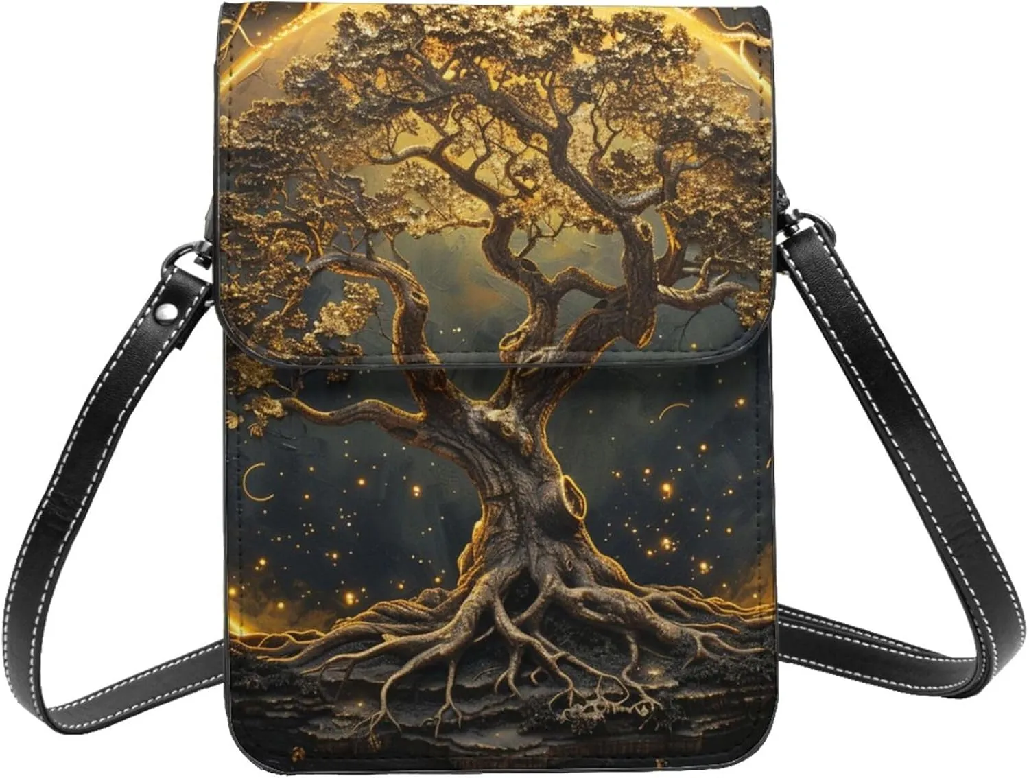 Tree Of Life Myth Black Gold Beautiful Crossbody Cell Phone Purse For Women Teen Girls Leather Small Crossbody Bag Mini Phone Pouch Purse, 7.5x5.3 Inches