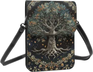 Tree of life myth leaves floral beautiful crossbody cell phone purse for womens lightweight small soft leather fashion travel wallet with adjustable strap