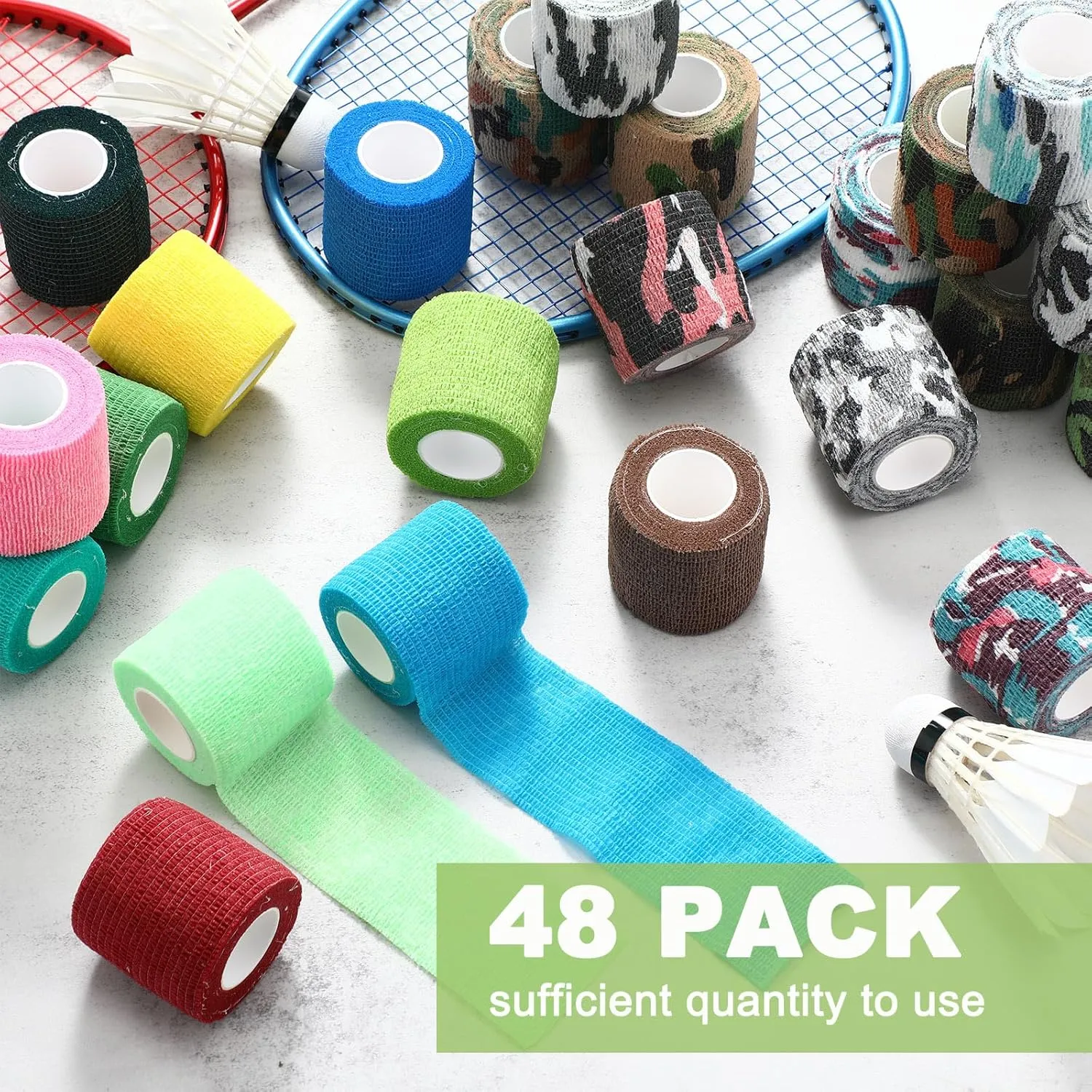 Treela 48 Pack Self Adhesive Wrap Bandage Bulk, Self Adherent Cohesive Bandage Elastic Athletic Tape Breathable Wound Tape for Stretch Athletic Sports Wrist Ankle(Colorful Camo,2 Inches X 5 Yards)