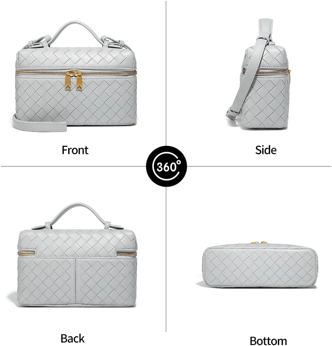 Trendy Woven Crossbody Purse Bag for Women, Cute Shoulder Bag Square Box Bags Mini PU Leather Top Handle Purses Handbag