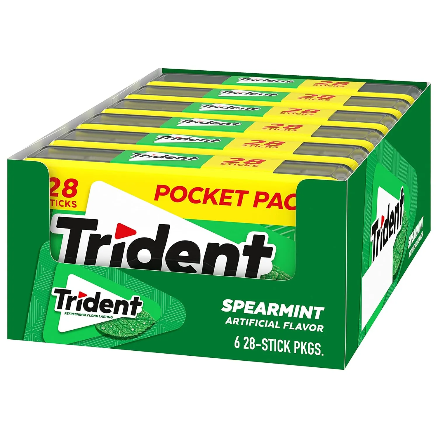 Trident Spearmint Sugar Free Gum, 6 Pocket Packs of 28 Pieces (168 Total Pieces)