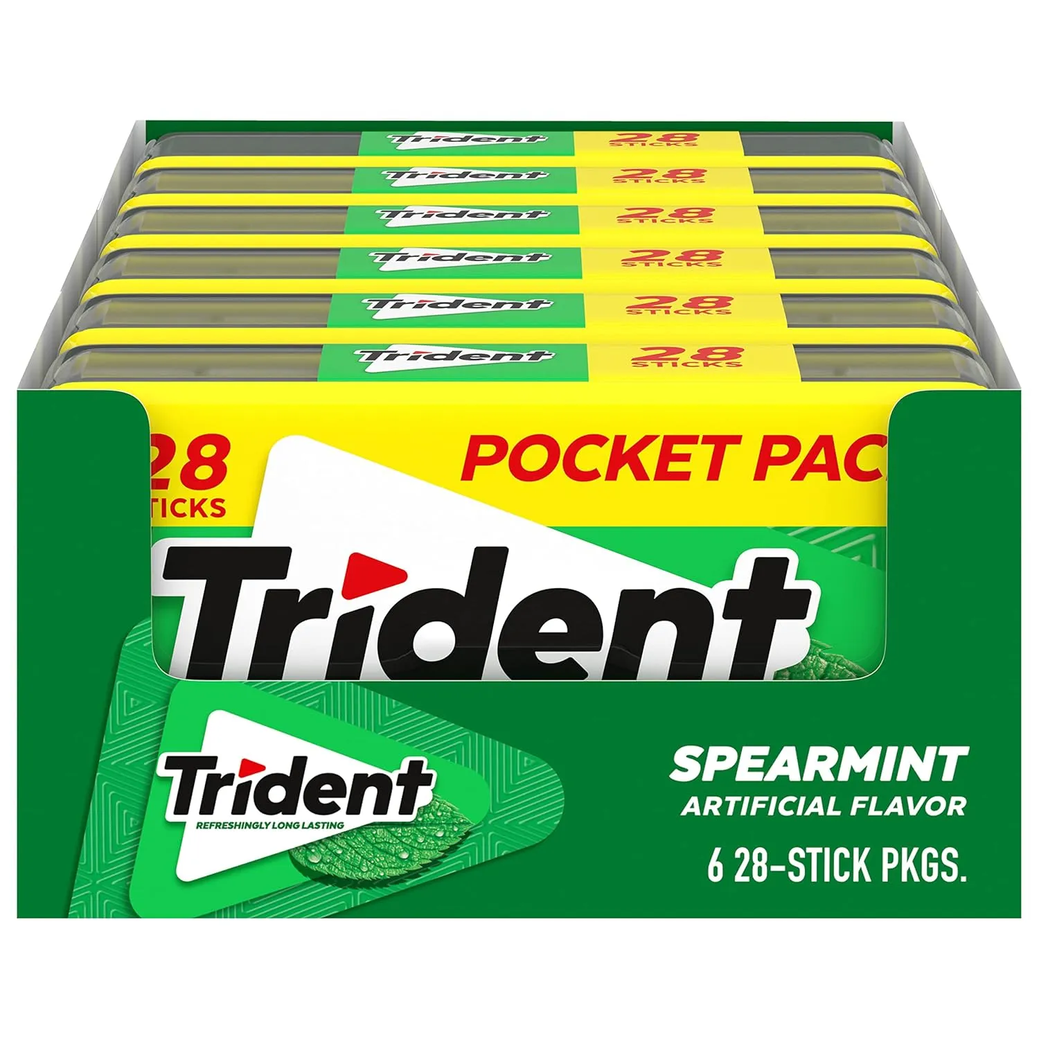Trident Spearmint Sugar Free Gum, 6 Pocket Packs of 28 Pieces (168 Total Pieces)