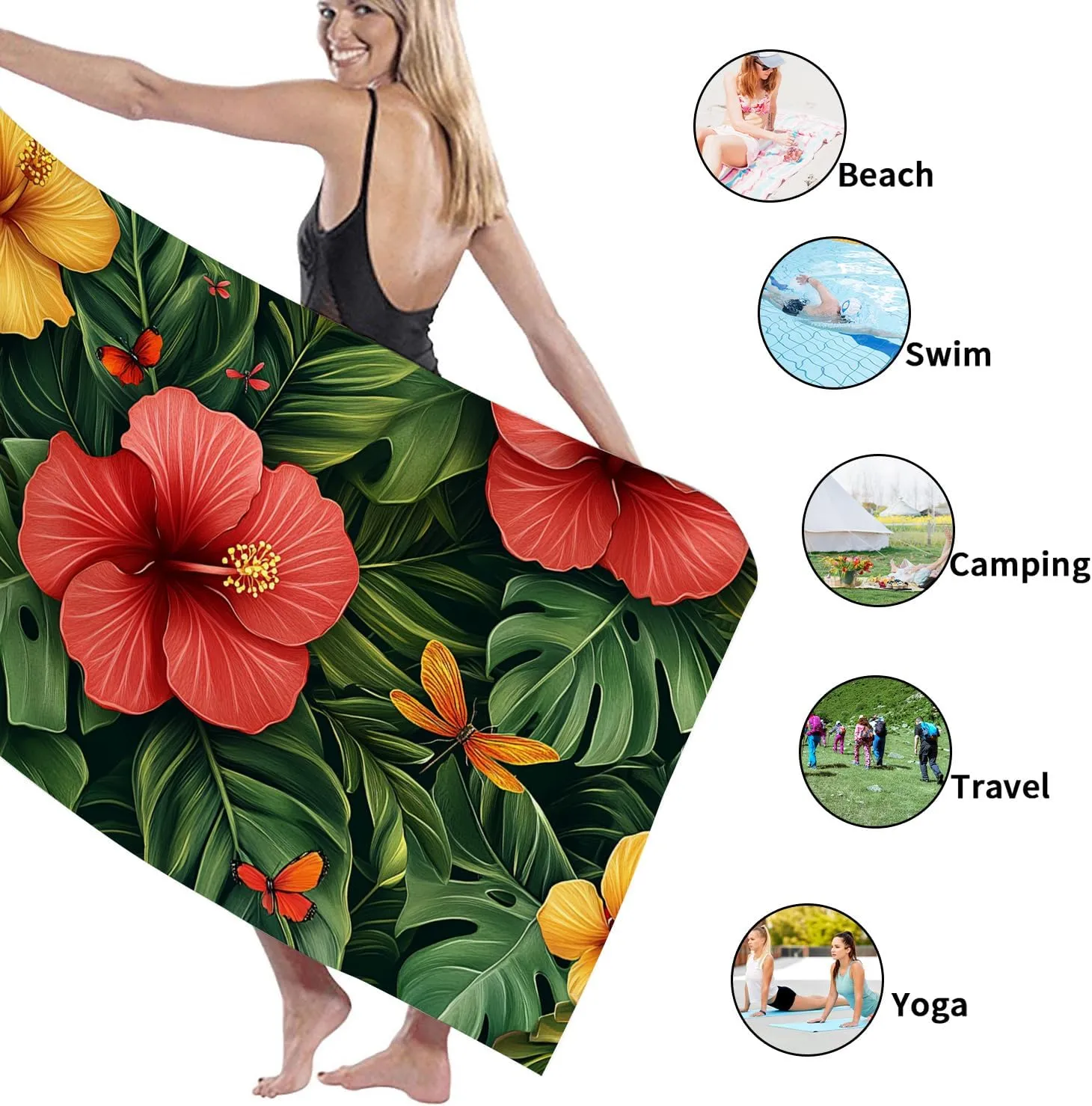 Tropical Hibiscus Beach Towel Colorful Floral Microfiber Extra Large Quick Dry Sand Free Lightweight Bath Blanket, Outdoor Pool Vacation Essentials 70x35 Inch