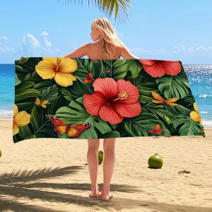 Tropical Hibiscus Beach Towel Colorful Floral Microfiber Extra Large Quick Dry Sand Free Lightweight Bath Blanket, Outdoor Pool Vacation Essentials 70x35 Inch
