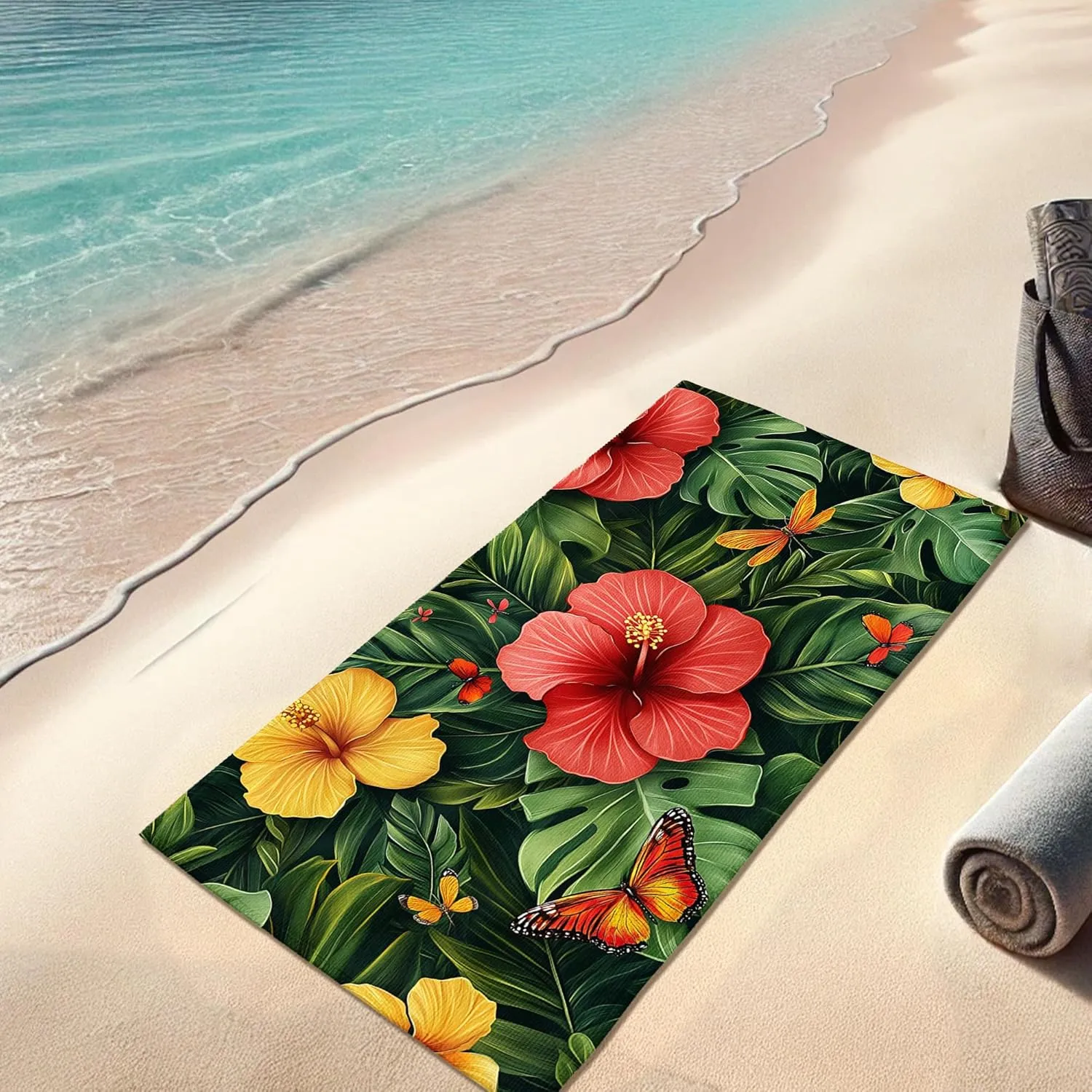 Tropical Hibiscus Beach Towel Colorful Floral Microfiber Extra Large Quick Dry Sand Free Lightweight Bath Blanket, Outdoor Pool Vacation Essentials 70x35 Inch