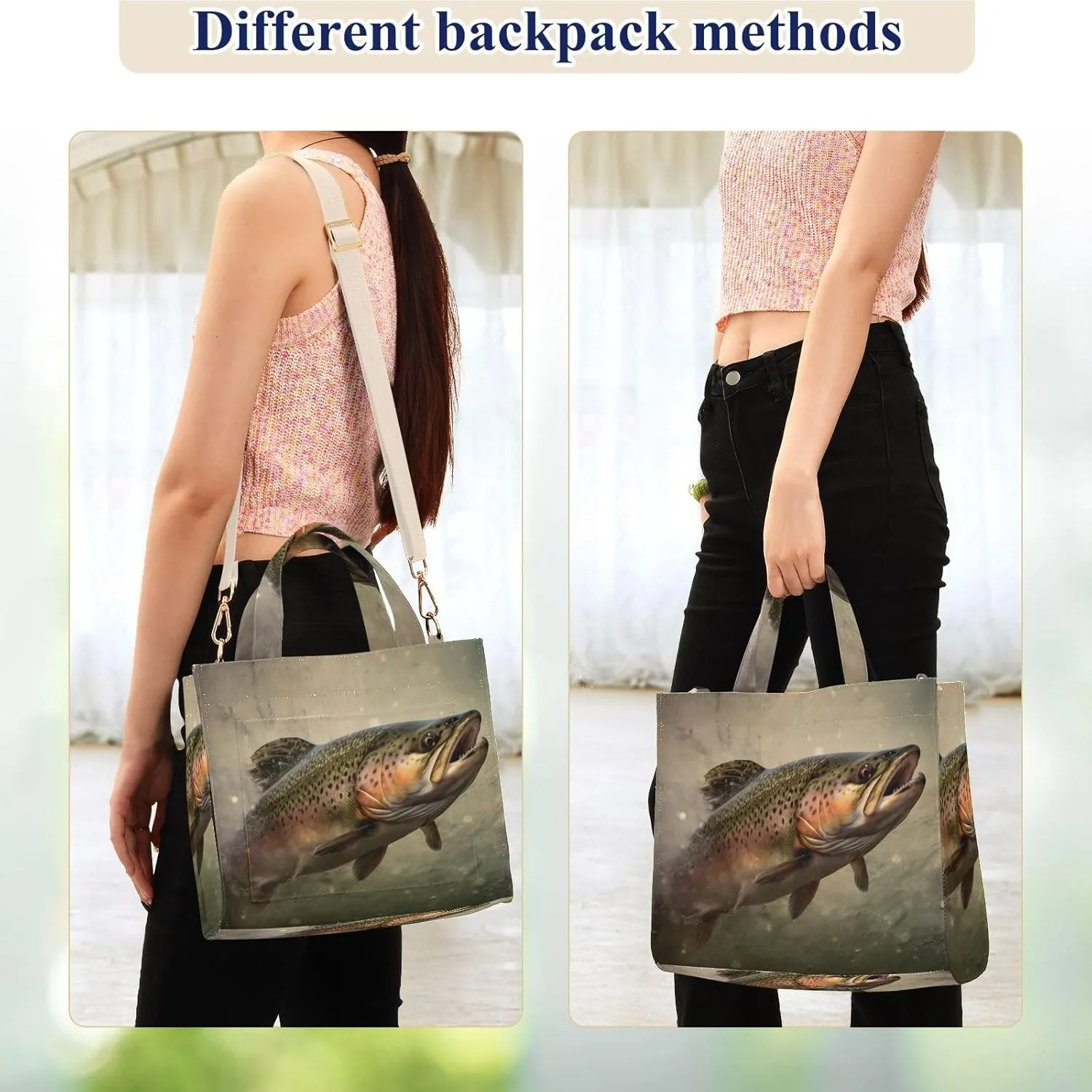 Trout Closeup Water Corduroy Tote Bag for Women Large Shoulder Bag with Pockets for Beach Work Travel Shopping S