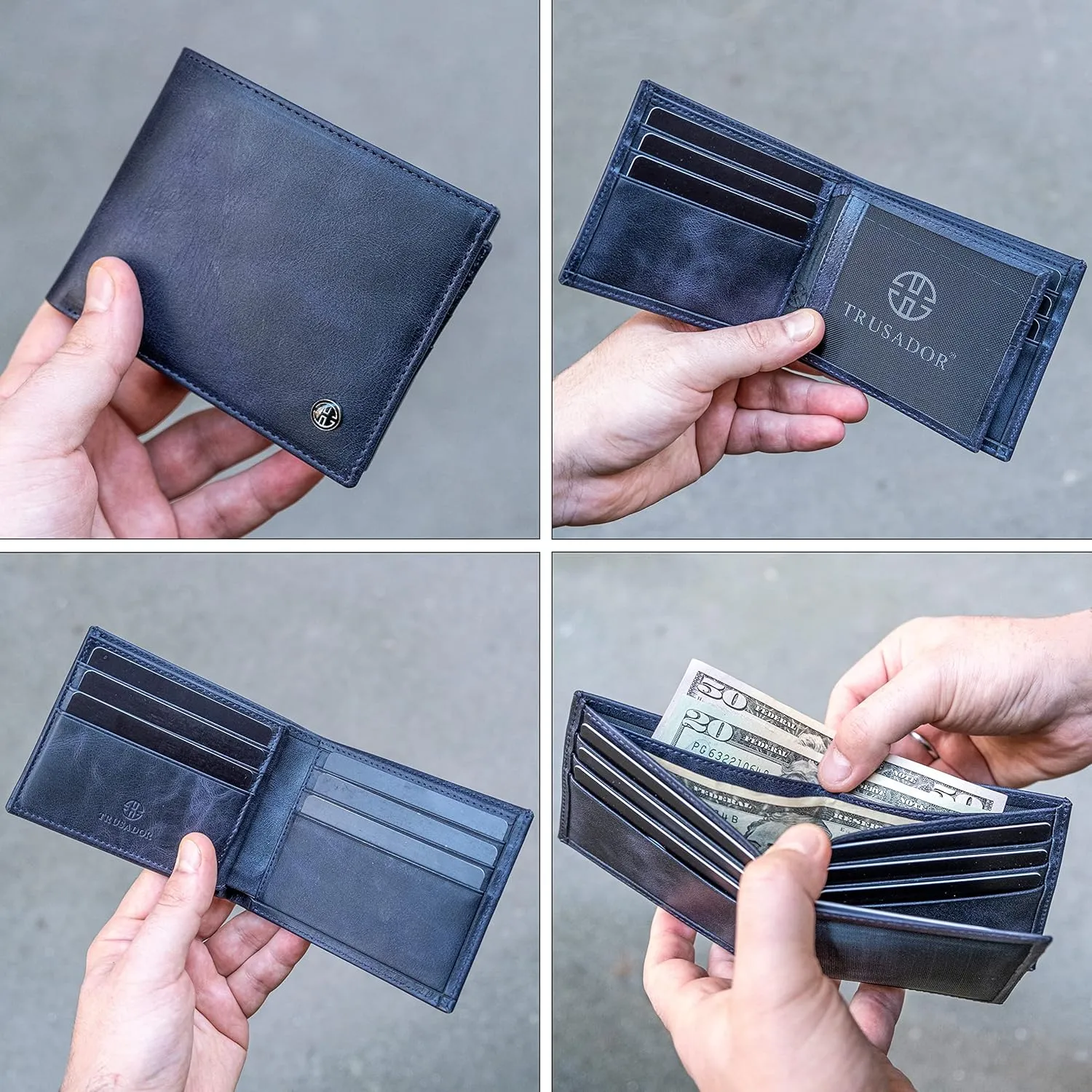 TRUSADOR Savona Classic Men's Wallets Leather Bifold with RFID Wallet for Men Gift Box (Navy)