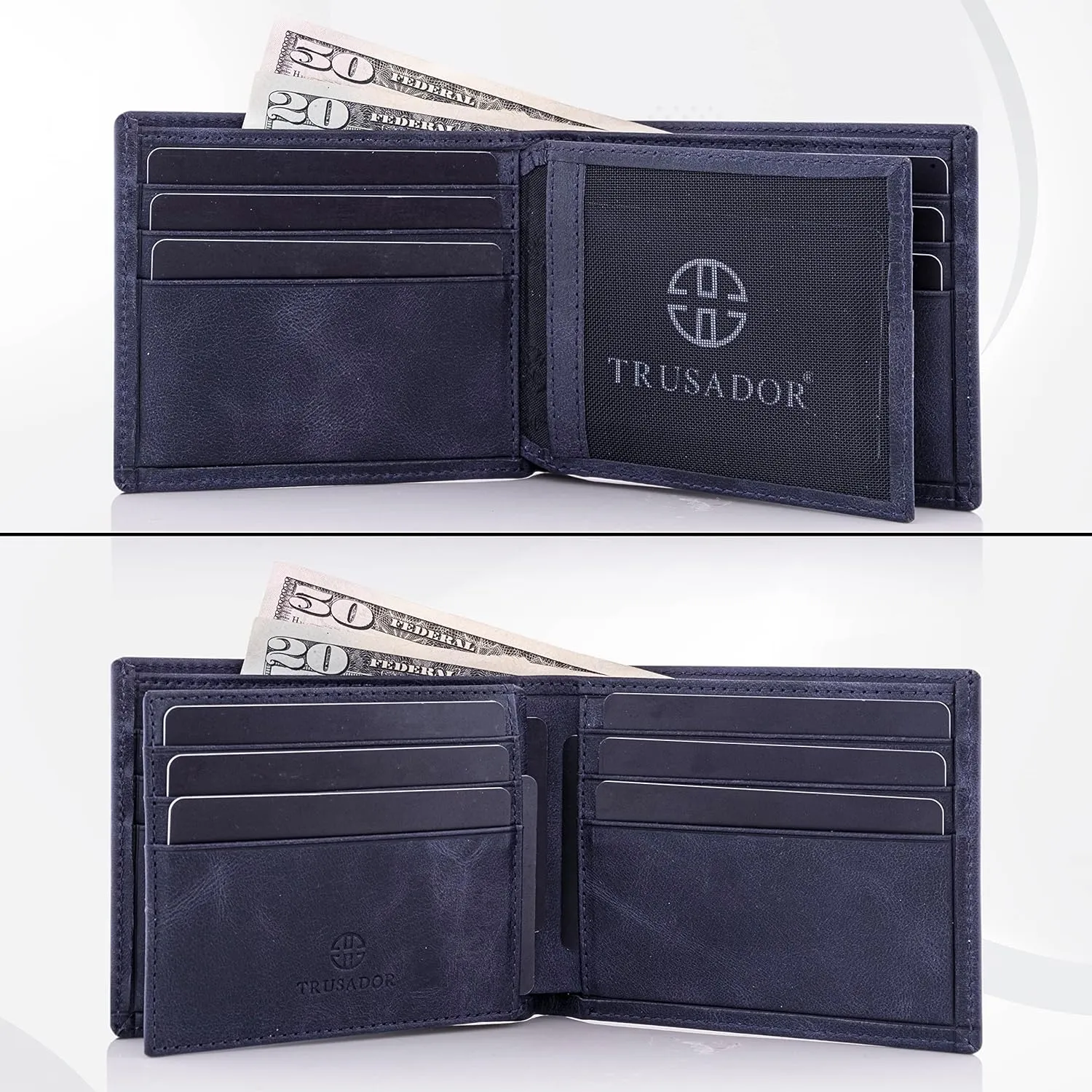 TRUSADOR Savona Classic Men's Wallets Leather Bifold with RFID Wallet for Men Gift Box (Navy)
