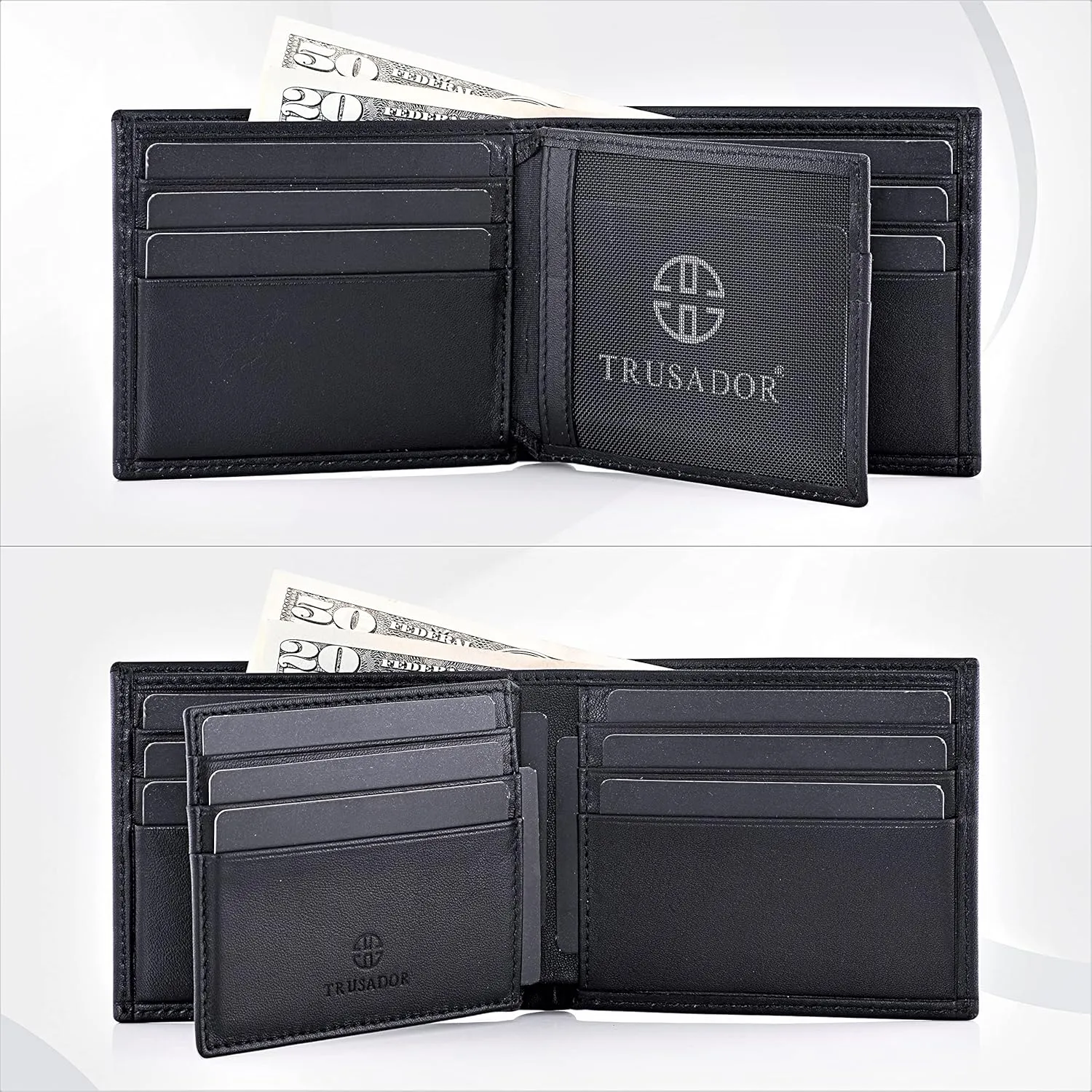 TRUSADOR Savona Full Grain Leather Mens Bifold Wallet RFID Blocking Slim Minimalist Front Pocket with ID Window Gift Box (Black)