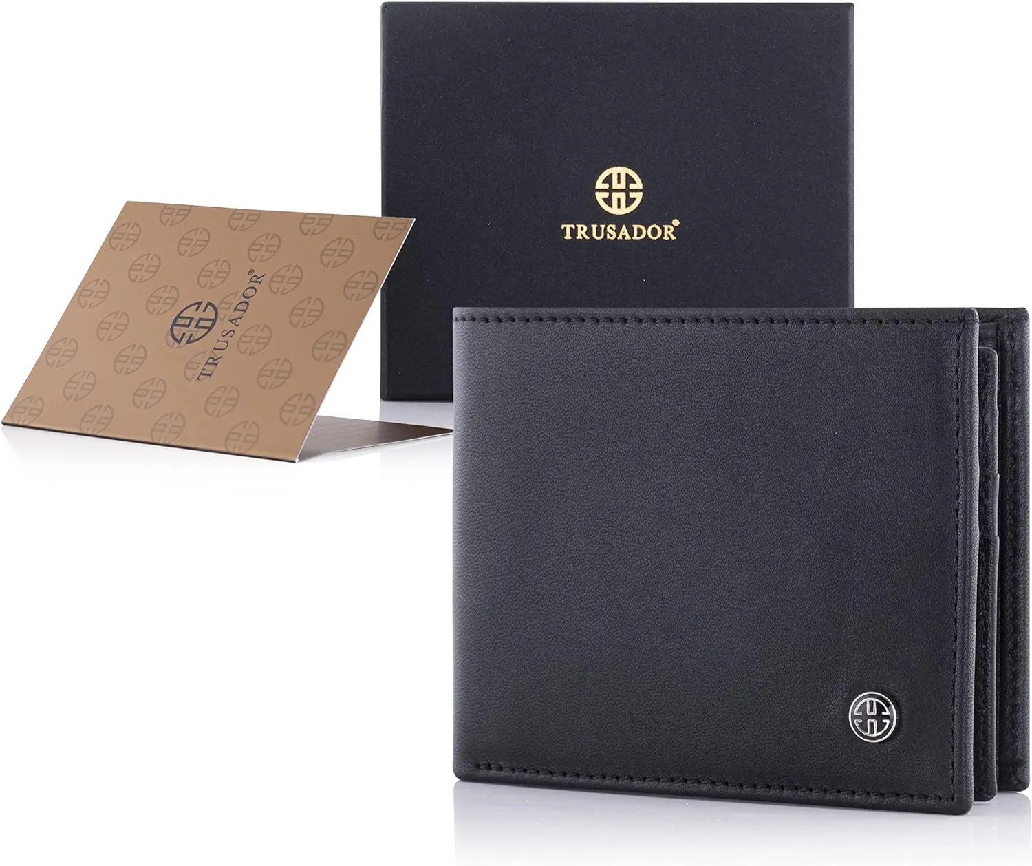 TRUSADOR Savona Full Grain Leather Mens Bifold Wallet RFID Blocking Slim Minimalist Front Pocket with ID Window Gift Box (Black)