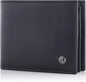 TRUSADOR Savona Full Grain Leather Mens Bifold Wallet RFID Blocking Slim Minimalist Front Pocket with ID Window Gift Box (Black)