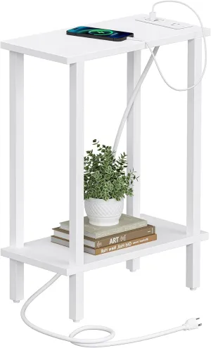 TUTOTAK Small End Table with Charging Station, Narrow Side Table with USB Ports and Outlets, Skinny Sofa Table, Slim Nightstand, Living Room, Bed Room, White TB01BW060