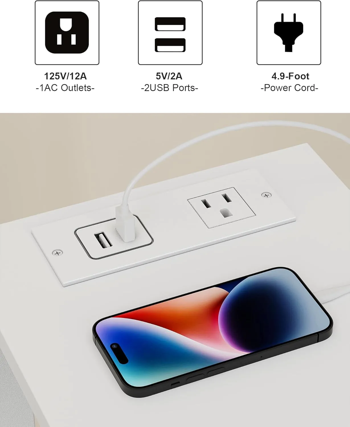 TUTOTAK Small End Table with Charging Station, Narrow Side Table with USB Ports and Outlets, Skinny Sofa Table, Slim Nightstand, Living Room, Bed Room, White TB01BW060