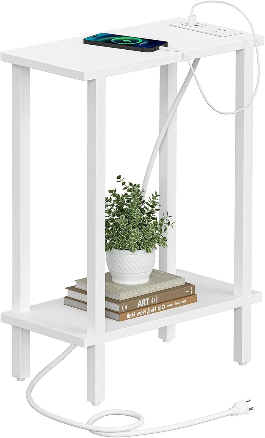 TUTOTAK Small End Table with Charging Station, Narrow Side Table with USB Ports and Outlets, Skinny Sofa Table, Slim Nightstand, Living Room, Bed Room, White TB01BW060