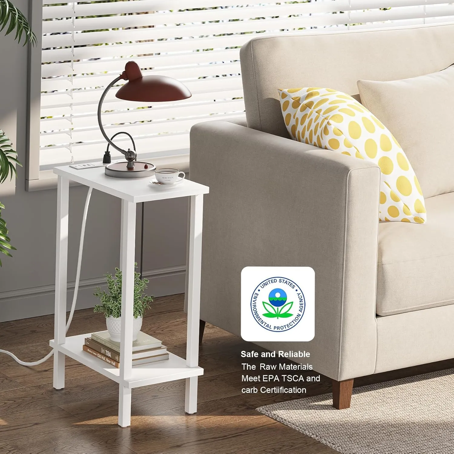 TUTOTAK Small End Table with Charging Station, Narrow Side Table with USB Ports and Outlets, Skinny Sofa Table, Slim Nightstand, Living Room, Bed Room, White TB01BW060