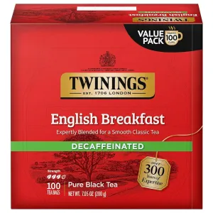 Twinings Decaffeinated English Breakfast Black Tea Individually Wrapped Bags, 100 Count (Pack of 1), Smooth, Flavourful Black Tea, Enjoy Hot or Iced, 100 Teabags