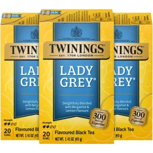 Twinings Lady Grey Tea - A Fresh, Uplifting Black Tea with Orange Peel, Lemon Peel, and Natural Citrus Flavours, Caffeinated Tea Bags, Individually Wrapped, 20 Count (Pack of 3)