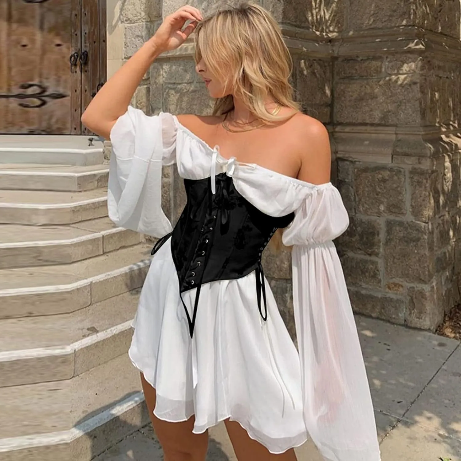 UAURORAO Women Off Shoulder Mesh Short Dress Irregular Adjustable Lace Up Long Puff Sleeve Swing Dress Without Bustier