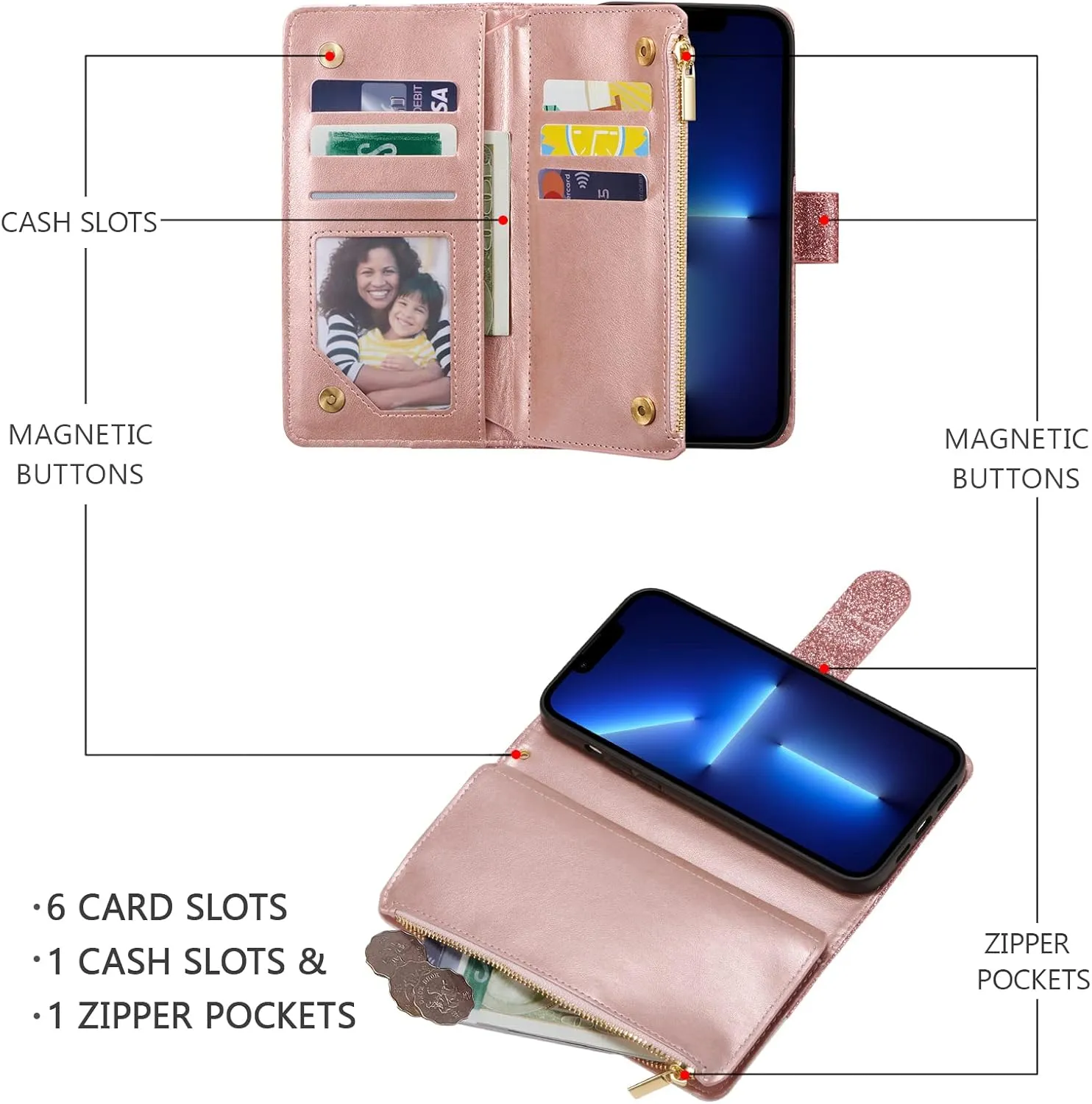 UEEBAI Wallet Case for iPhone 16 Pro, PU Leather Wallet Magnetic Closure Handbag Zipper Pocket Cover Kickstand Card Slots with Hand Strap Rose Flip Case for Women - Glitter Rose