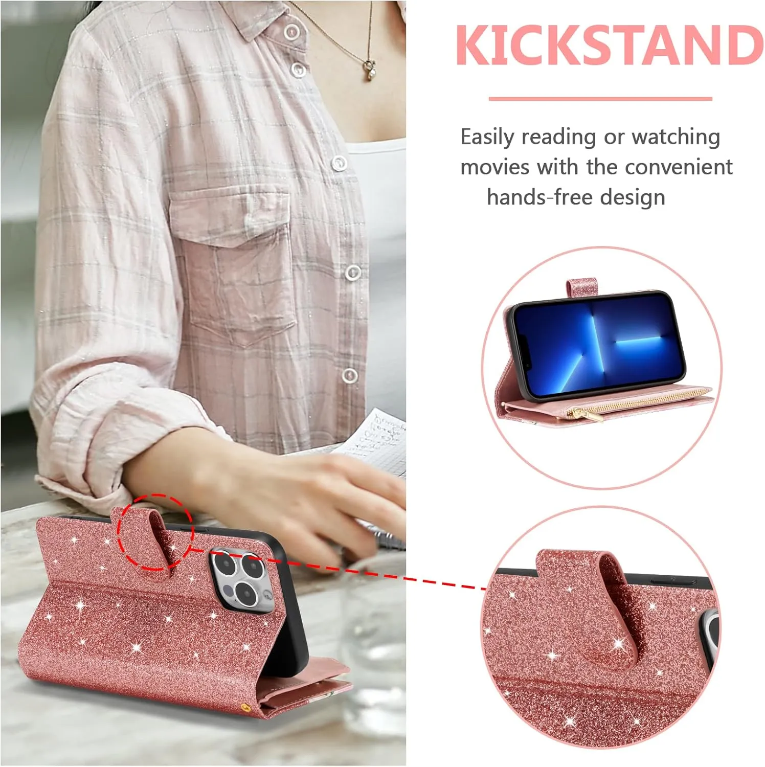 UEEBAI Wallet Case for iPhone 16 Pro, PU Leather Wallet Magnetic Closure Handbag Zipper Pocket Cover Kickstand Card Slots with Hand Strap Rose Flip Case for Women - Glitter Rose