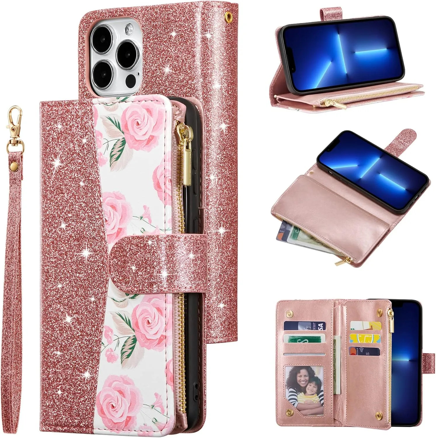 UEEBAI Wallet Case for iPhone 16 Pro, PU Leather Wallet Magnetic Closure Handbag Zipper Pocket Cover Kickstand Card Slots with Hand Strap Rose Flip Case for Women - Glitter Rose
