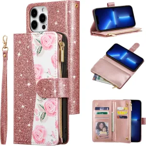 UEEBAI Wallet Case for iPhone 16 Pro, PU Leather Wallet Magnetic Closure Handbag Zipper Pocket Cover Kickstand Card Slots with Hand Strap Rose Flip Case for Women - Glitter Rose