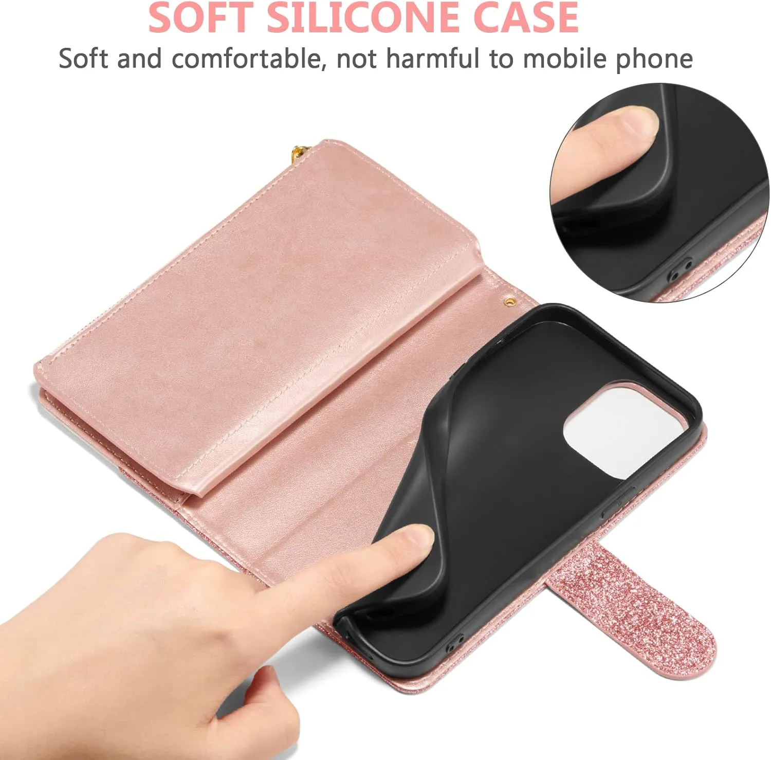 UEEBAI Wallet Case for iPhone 16 Pro, PU Leather Wallet Magnetic Closure Handbag Zipper Pocket Cover Kickstand Card Slots with Hand Strap Rose Flip Case for Women - Glitter Rose