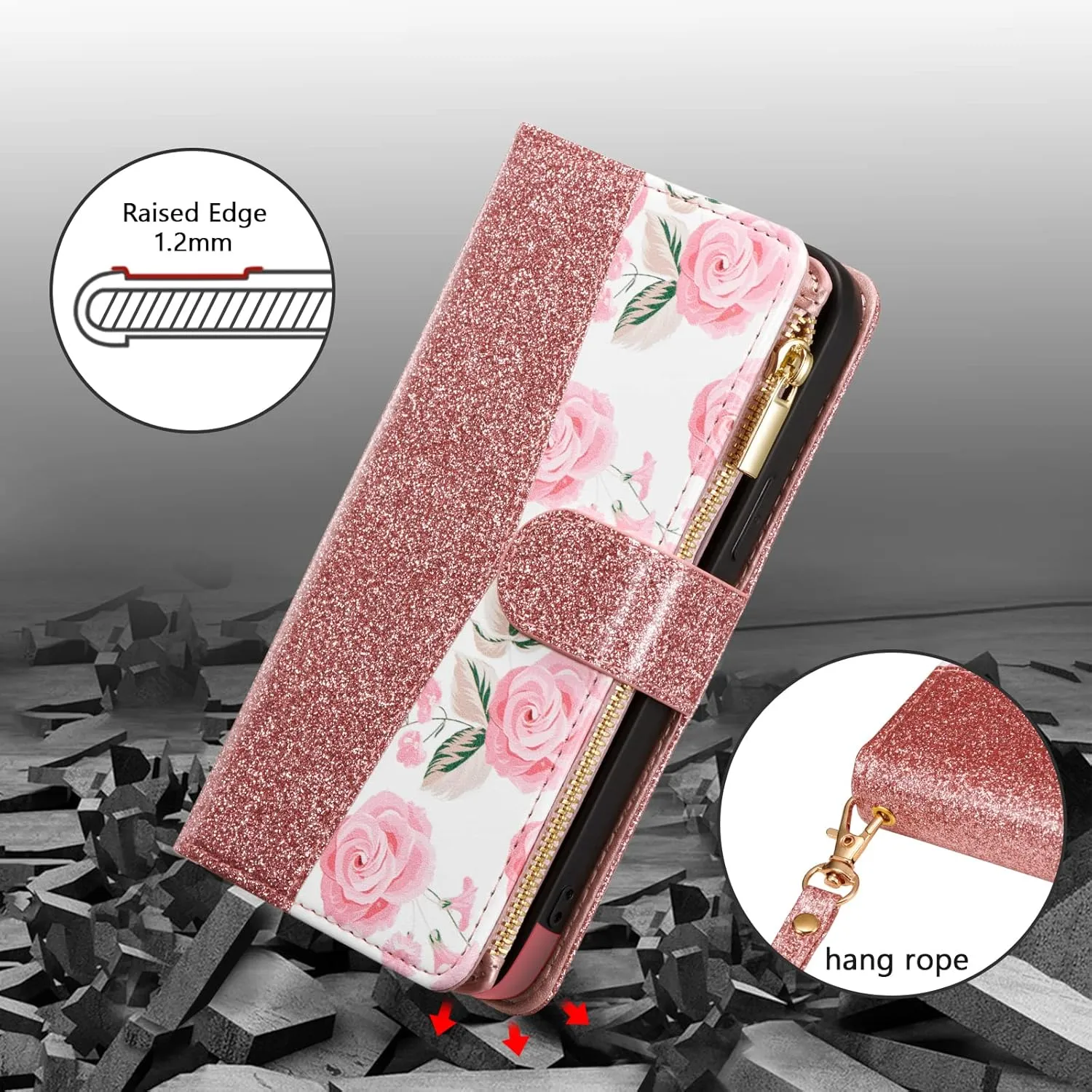 UEEBAI Wallet Case for iPhone 16 Pro, PU Leather Wallet Magnetic Closure Handbag Zipper Pocket Cover Kickstand Card Slots with Hand Strap Rose Flip Case for Women - Glitter Rose