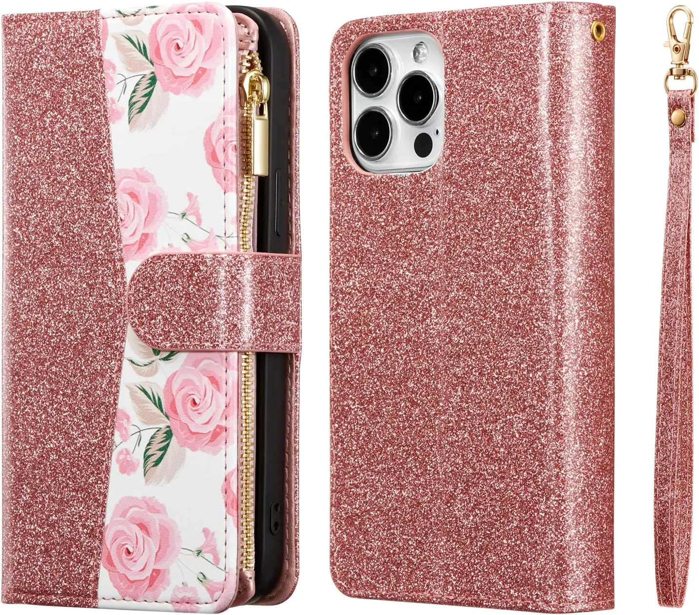 UEEBAI Wallet Case for iPhone 16 Pro, PU Leather Wallet Magnetic Closure Handbag Zipper Pocket Cover Kickstand Card Slots with Hand Strap Rose Flip Case for Women - Glitter Rose
